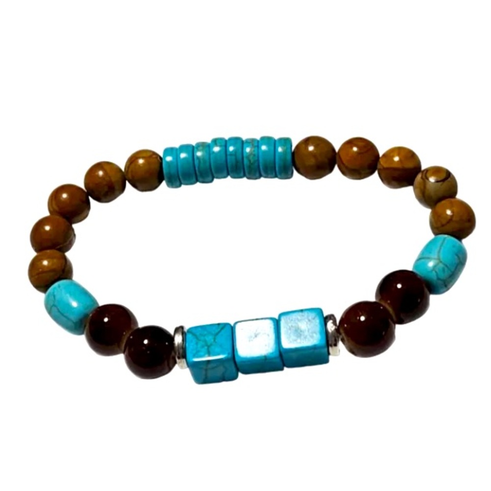 Natural Turquoise and agate Brown Beaded Bracelet NEW